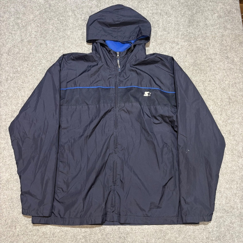 Starter Mens Windbreaker Jacket Navy Blue Mesh Full Zip Hooded Large 0586